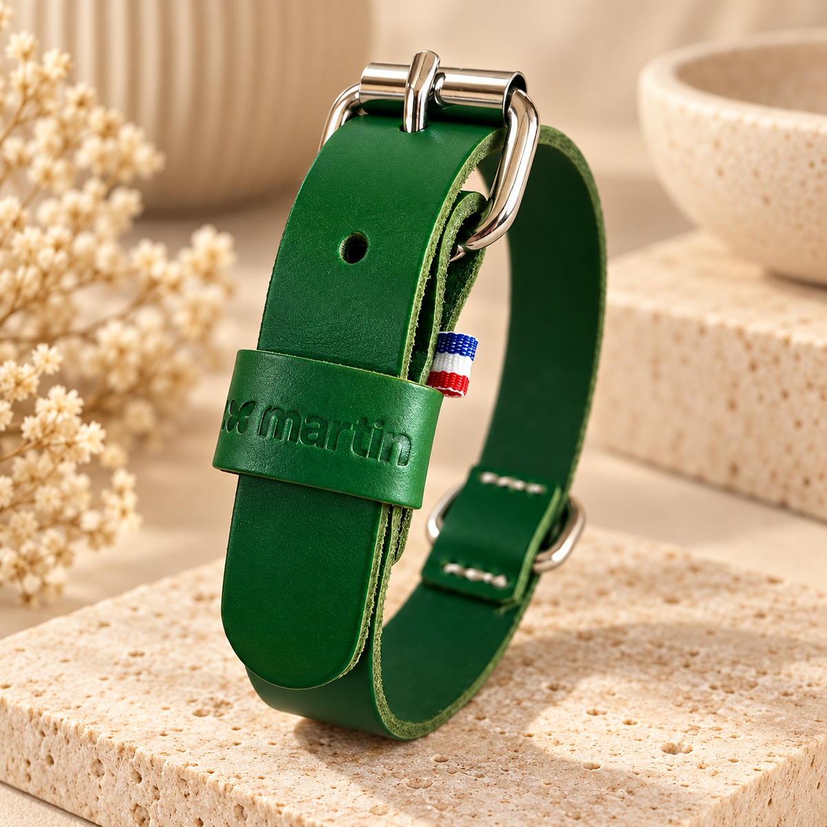Collier Cuir Vert Martin Sellier - Élégance & Robuste | Le Dressing du Chien