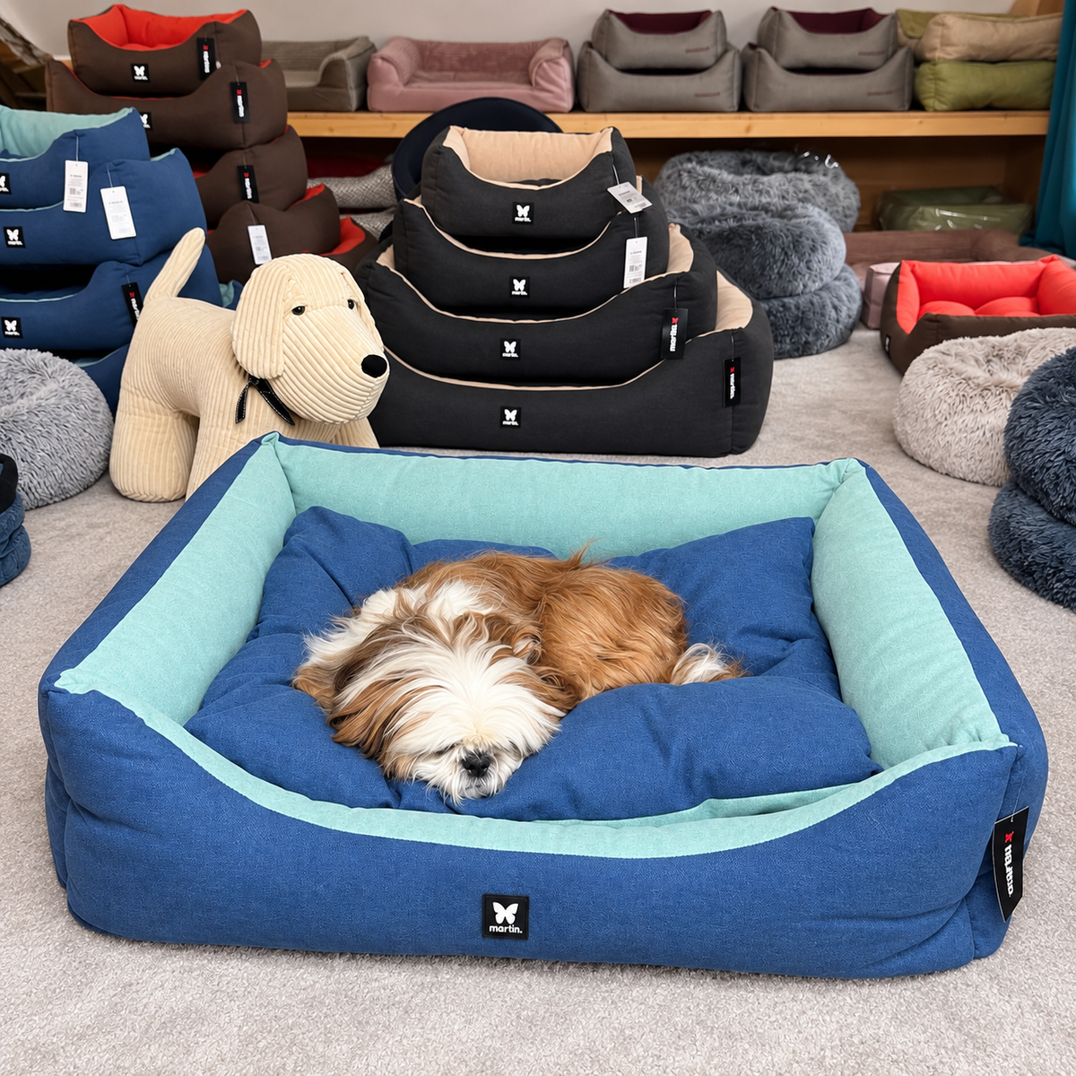 Panier Domino Martin Sellier Bicolore - Bleu - Corbeille & Coussin amovible | Le Dressing du Chien